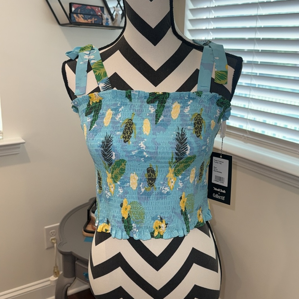 ModCloth Collectif Sea Turtle Soirée Smocked Cropped Tank Top
